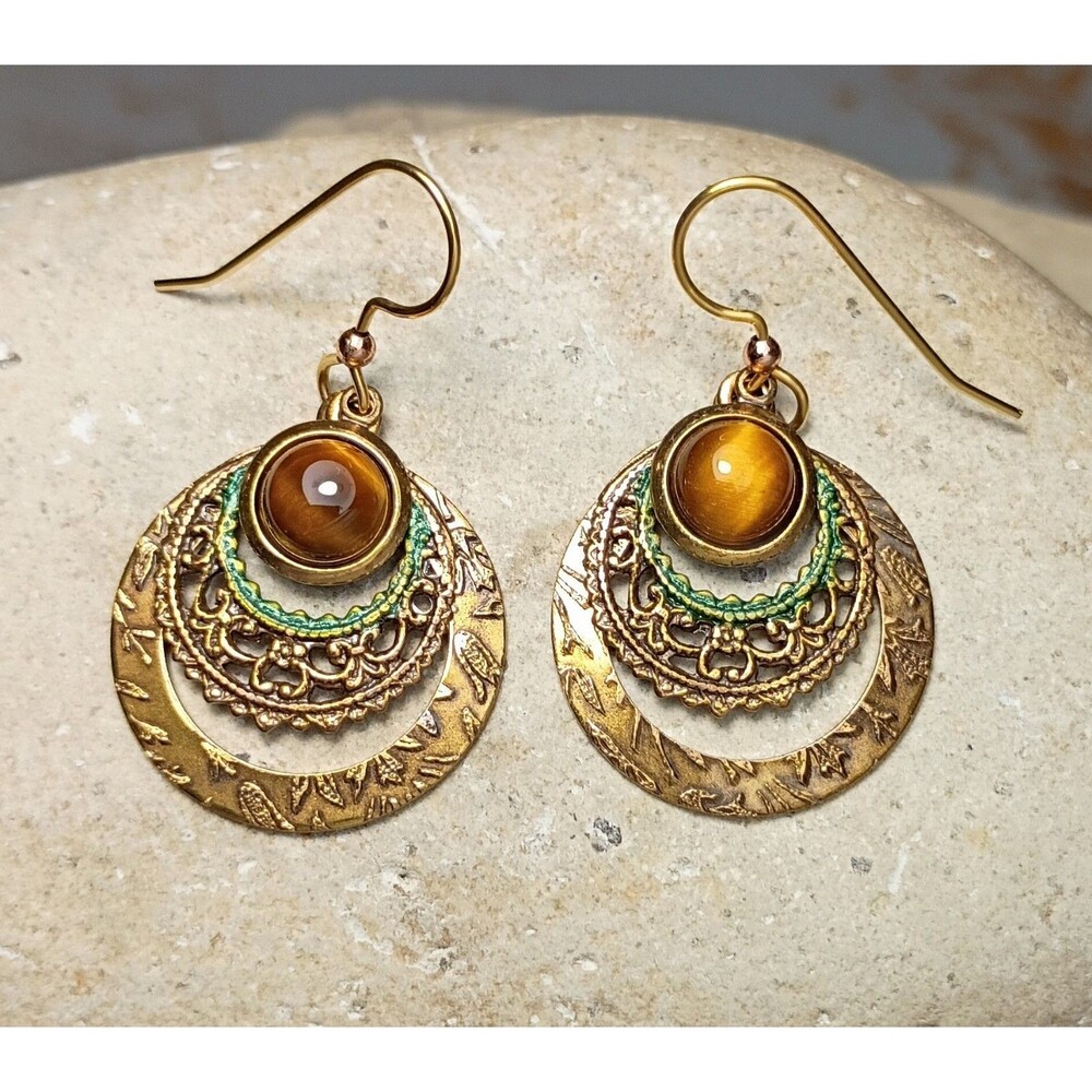 Silver Forest Tiger's Eye Gold tone Enamel Embossed Dangle Earrings 18k GP